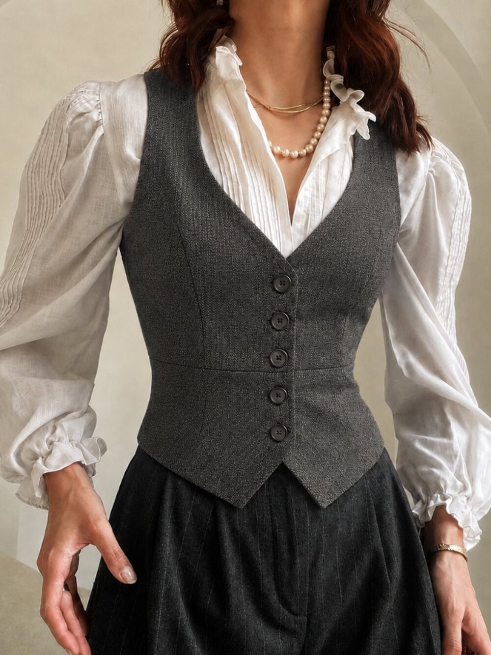 Y2K Fitted Button Down Waistcoat Vest Size Small Brown Tweed Preppy Office